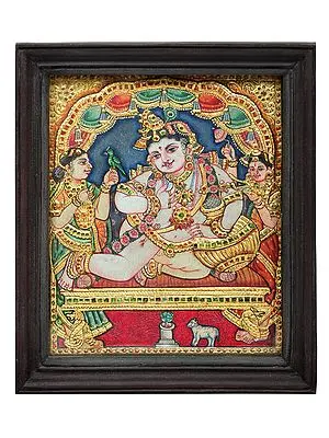 Navaneeta Krishna Tanjore Painting | Traditional Colors With 24K Gold | with Teakwood Frame | Wood & Gold | Handmade | Made In India