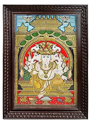 Beautiful Large Panchamukhi Ganesha Tanjore Painting | Traditional Colors With 24K Gold | Teakwood Frame | Gold & Wood | Handmade | Made In India