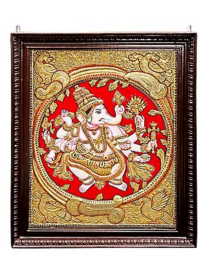 Large Ashtabhuja-Dhari Ganesha Tanjore Painting | Traditional Colors With 24K Gold | Teakwood Frame | Gold & Wood | Handmade | Made In India