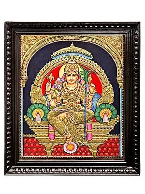 Large Goddess Rajarajeshwari Tanjore Painting | Traditional Colors With 24K Gold | Teakwood Frame | Gold & Wood | Handmade | Made In India