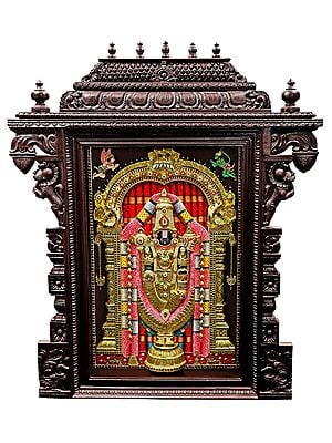 Large Lord Venkateshvara as Balaji Tanjore Painting | Traditional Colors With 24K Gold | Teakwood Frame | Gold & Wood | Handmade | Made In India