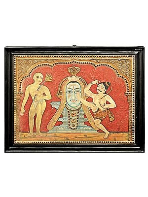 Large Bhakta Kannappa - Story of Bhagawan Shiva and A True Devotee |Tanjore Painting | Traditional Colors With 24K Gold | Teakwood Frame | Gold & Wood | Handmade | Made In India