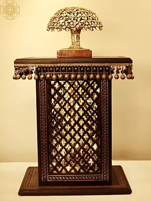 25" High Wooden Pedestal with Lattice, Brass Work and Ghungroos  | Teakwood with Brass Inlay