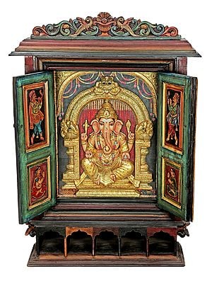 Stunning Ganesha Tanjore Painting With Large Wooden Traditional Door Frame | Traditional Colors With 24K Gold | Teakwood Frame | Gold & Wood | Handmade | Made In India