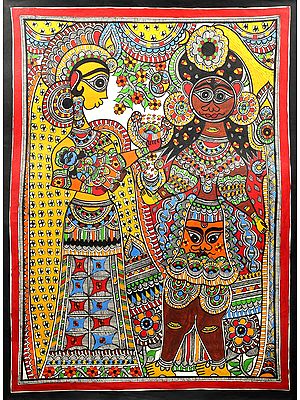 21" x 28" Putana With Yashoda Carrying Baby Krishna |Traditional Colors | Handmade | Krishna Madhubani Paintings |Made in India