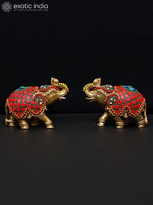 7" Pair of Elephants | Brass Statues with Inlay Work