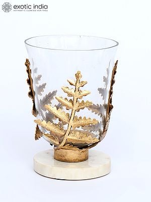 8" Iron Fern Glass Hurricane with Marble Base | Home Decor