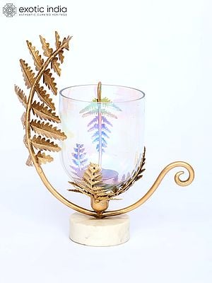 12" Fern Leaves Design Stylish Hurricane with Marble Base | Home Decor