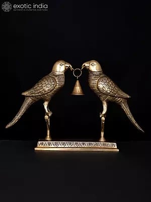 14" Brass Pair of Parrots with a Bell | Table Decor