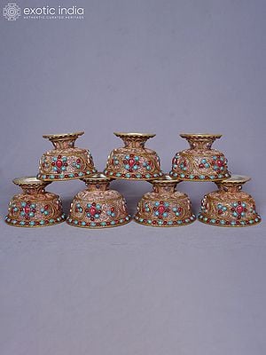 10" Set Of 7 Tibetan Inlaid Gemstone Bowl | Decorative | Kitchen And Dining Utensils