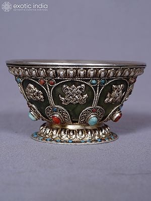 2.5" Tibetan Decorative Silver Bowl With Inlay Work | Kitchen And Dining Utensils