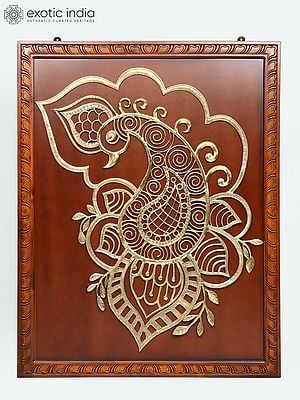 58" Large Wood Framed Designer Peacock in Brass | Wall Hanging