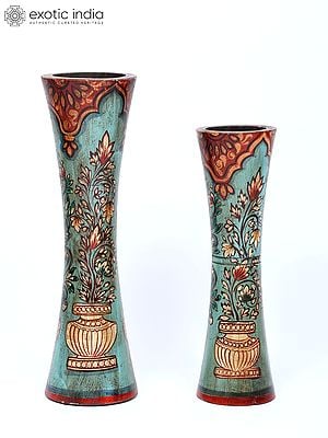 21" Hand-Painted Wooden Flower Vases (Pair) | Home Decor