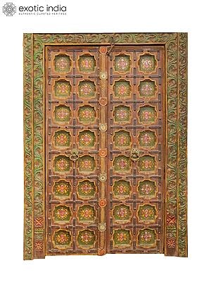 80" Large Floral Design Indian Wood Door With Attractive Carving | Hand Carved Wood Door