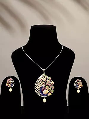 Stone Studded Designer Multicolor Peacock Pendant and Earrings Set