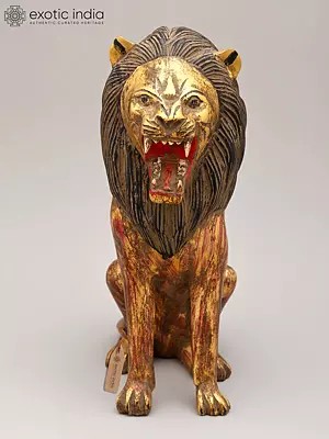 11" Roaring Lion Statue | Wood Carving | Home Decor