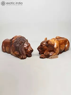 40" Regal King & Queen of The Jungle - Lion & Lioness Wooden Sculpture Set | Decorative Showpiece
