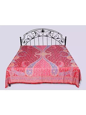 Reversible Jamawar Queen Size Bedspread with Woven Flowers and Paisleys