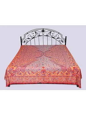 Multicolor Reversible Jamawar Queen Size Bedspread with Woven Paisleys and Flowers