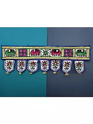 Whisper-White Toran for the Doorstep with Multicolor Mirror Embroidered Elephant And Flower