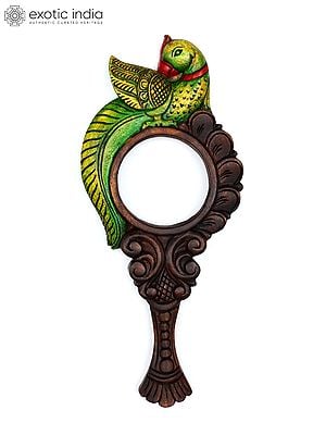 18" Parrot Design Wall Hanging Mirror | Wood Carving