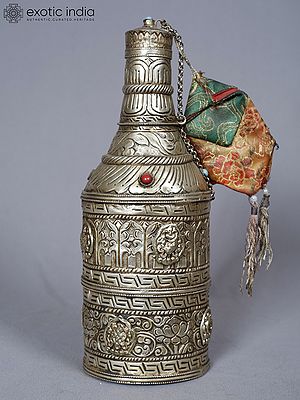 10" Copper Silver Plated Tibetan Bottle With Ashtamangala Symbols | Buddhist Ritual Item