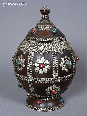 7" Wood And White Metal Handmade Amber Tibetan Pot With Carving