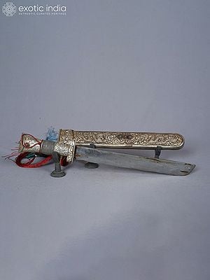 17" Tibetan Sword With Dragon Carved Cover In White Metal | Buddhist Ritual Item