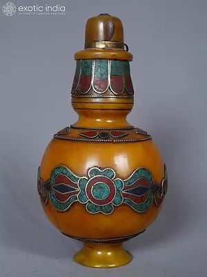 9" Tibetan Buddhist Ritual Pot With Dorje In Amber With Stones Turquoise Coral And Lapis