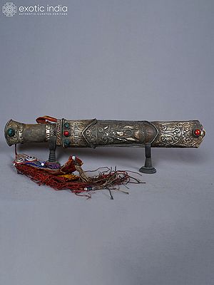 15" Tibetan Ceremonial Dagger With Handmade Handle In Bone And White Metal