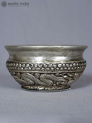 4" Buddhist Bowl With Dragon Carving In White Metal Hand Carved | Ritual Item