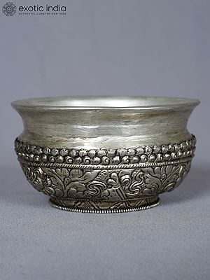 4" White Metal Tibetan Bowl With Floral Carving | Handmade | Kitchen Item