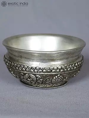 4" Tibetan Ashtamangala Bowl In White Metal Hand Carved | Kitchen Bowl