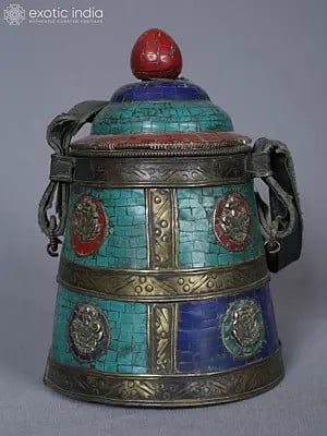 8" Ashtamangala Pot In White Metal With Turquoise Coral Stone And Lapis From Nepal