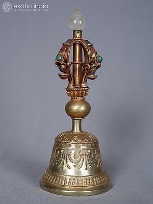 8" Copper And Gold Plated With Turquoise Coral And Lapis Buddhist Hand Bell With Half Vajra