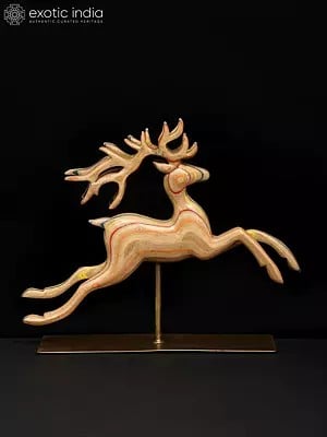 14" Running Reindeer Wood Statue on Iron Stand | Home Decor