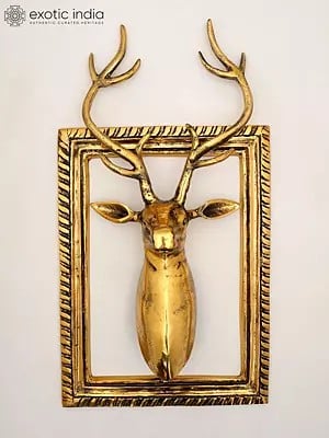 19" Decorative Deer Statue in Brass with Frame | Wall Hanging | Home Decor