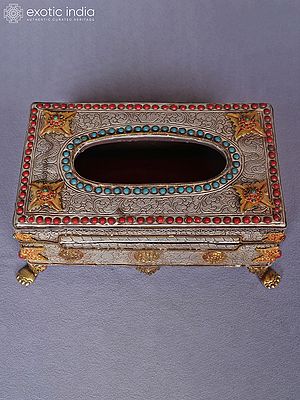 5" Wood And White Metal Decorated Tissue Box With Inlay Work From Nepal | Handmade