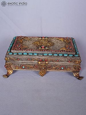 4" Wood And White Metal Engraved Decorative Jewelry Box With Inlay Work | Handmade