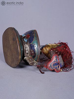 3" Stone And White Metal Handmade Tibetan Drum Damaru ( Musical Instrument) | Ritual Item