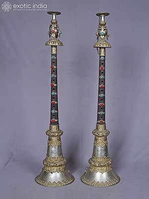 25" Pair Of White Metal Tibetan Music Instruments From Nepal Hand Carved