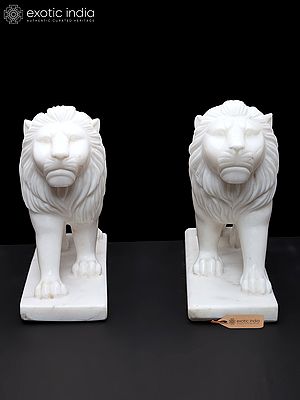 12" Handcrafted White Marble Lion Pair | Handmade Royal Guardian Statues for Home