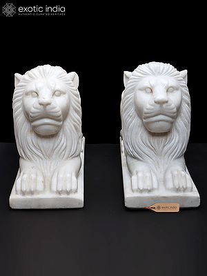 15" Hand-Carved White Marble Lion Pair | Royal Guardian Sculptures