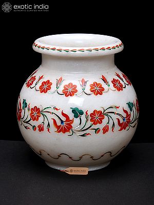 5" Handcrafted White Marble Pot with Carnelian and Malachite Inlay