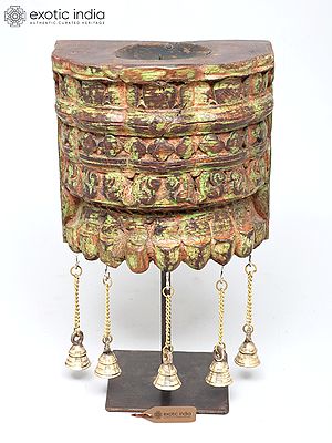 15" Vintage Design Wood Candle Stand on Iron Base with Brass Bells | Decorative Item