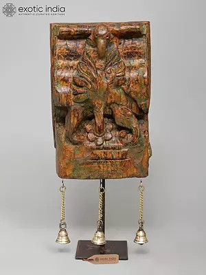 18" Wood Carved Designer Showpiece on Iron Stand with Brass Bells | Table Decor