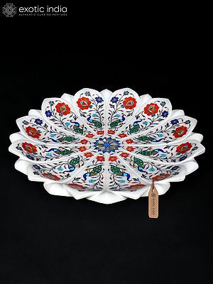 18" Handcrafted White Marble Peacock Inlay Decorative Urli
