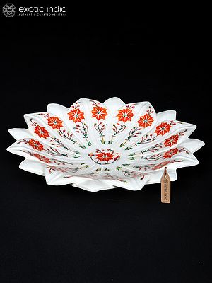 12" Flower Design White Marble Urli with Inlay Work | Home Decor