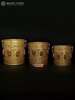 Ashtalakshmi Brass Planters Set - 3 Decorative Pots