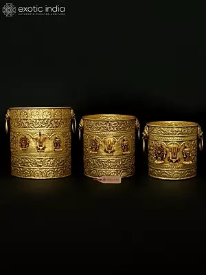 Brass Vaishnav Symbols Planter Set | Shankh Chakra Tilak Decor Vessels